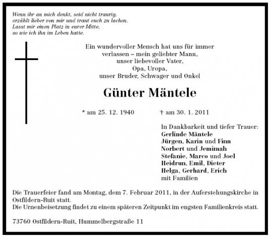 Maentele Guenter 1940-2011 Todesanzeige